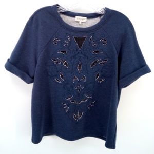 Renvy Jersey Knit Embroidered Rolled Sleeve Blue Shirt XS Cotton Blend